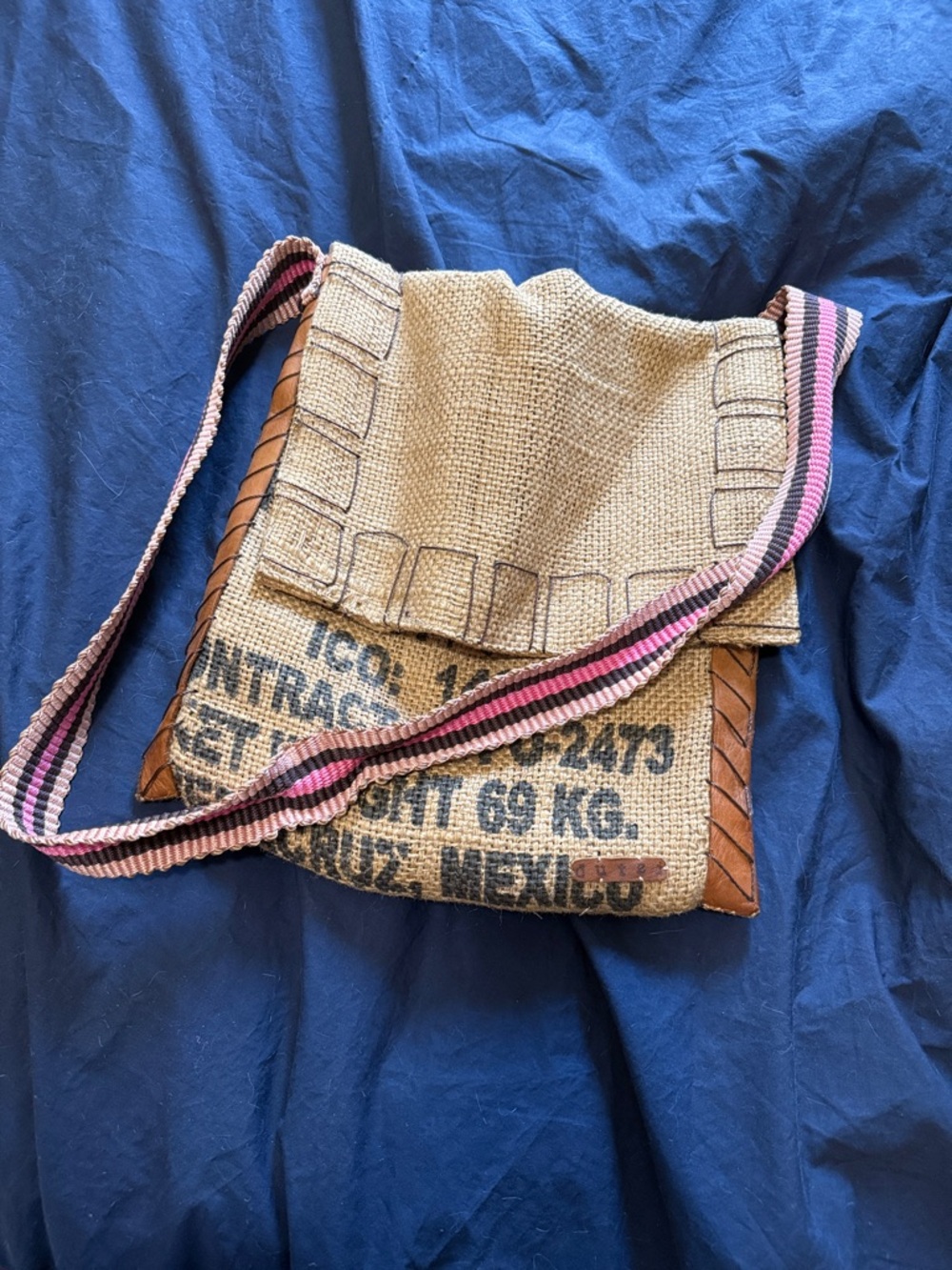 Handwoven Burlap Crossbody Bag with Pink Stripe Strap